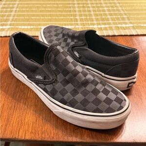 Vans black and gray checkered slip ons